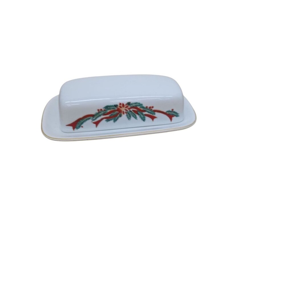 Poinsettia & Ribbons Vintage Christmas Fine China Butter Dish Vintage